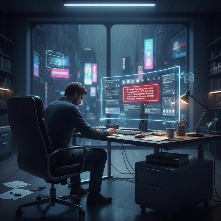 Prawnik analizujący dokumenty dotyczące zniesławienia firmy w internecie, podkreślający skutki cywilne i karne dla pracownika w 2026 roku