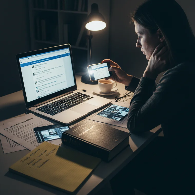 Prawnik analizuje wydrukowane komentarze z Facebooka podczas przygotowywania aktu oskarżenia o zniesławienie