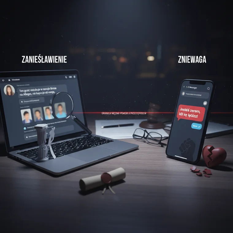 Wiadomości na ekranie komputera z obraźliwymi słowami, symbolizujące zniewagę i zniesławienie w korespondencji elektronicznej