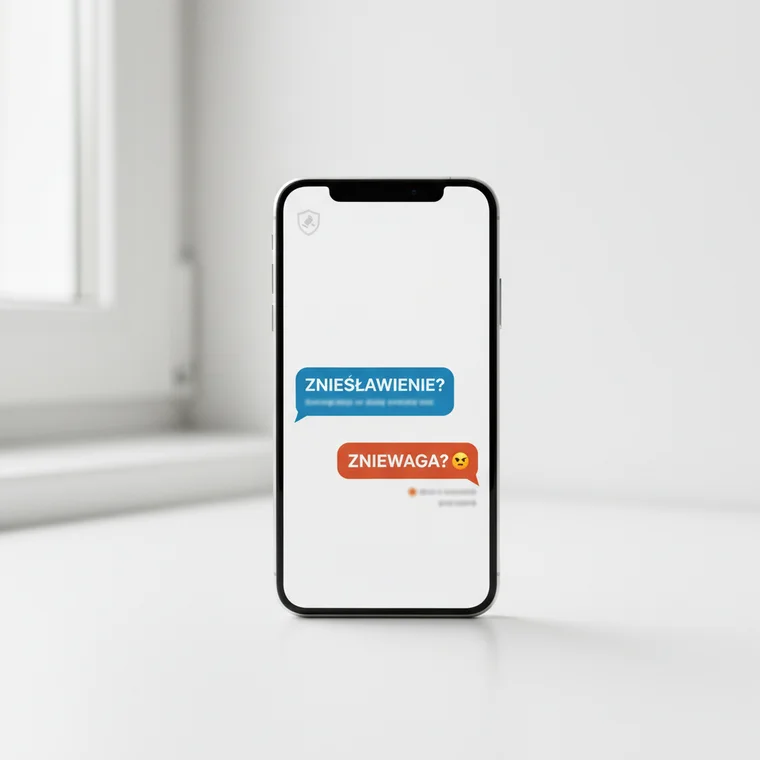 Osoba trzymająca telefon i czytająca obraźliwą wiadomość prywatną, ilustrująca problem zniesławienia lub zniewagi w komunikatorach internetowych