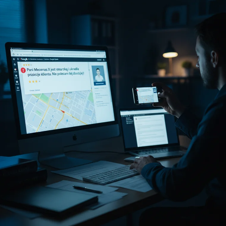 Prawnik analizujący dokumenty i ekran z opiniami Google, omawiający konsekwencje zgłoszenia zniesławienia w Google Opinie