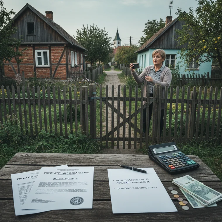 Prawnik analizuje dokumenty związane z prywatnym aktem oskarżenia o zniesławienie sąsiada w małej miejscowości