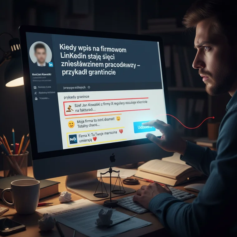 Ilustracja sytuacji konfliktowej między pracownikiem a pracodawcą, symbolizująca wpis na LinkedIn, który może przekroczyć granicę krytyki i stać się zniesławieniem