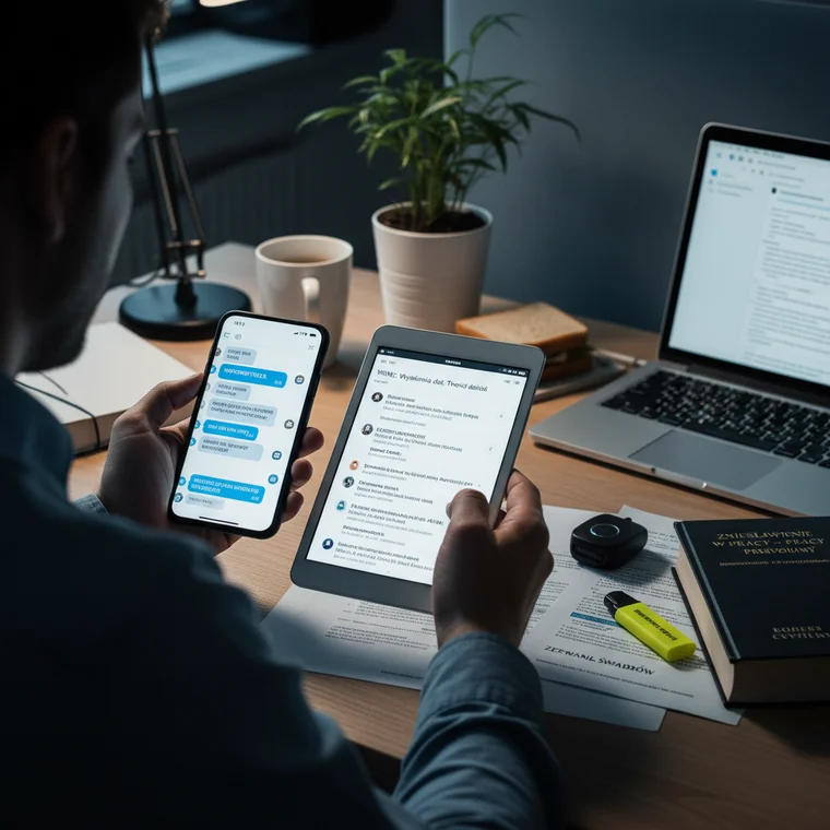 Prawnik i pracownik omawiają przy stole wydruki maili i SMS-ów jako dowody zniesławienia w sprawie cywilnej