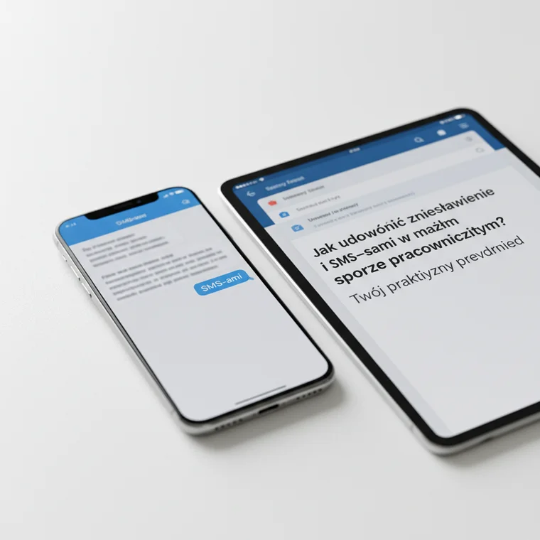 Pracownik analizuje SMS-y i maile na ekranie laptopa, przygotowując dowody zniesławienia w małym sporze pracowniczym