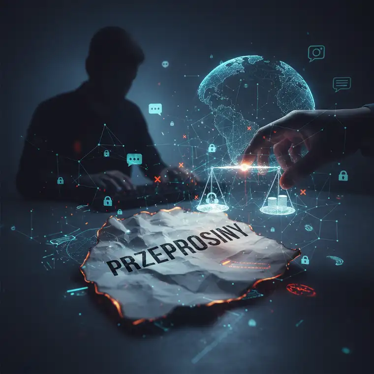 Zbliżenie na ekran laptopa z widocznymi komentarzami i ikonami mediów społecznościowych, pokazujące trudności egzekwowania przeprosin za zniesławienie online