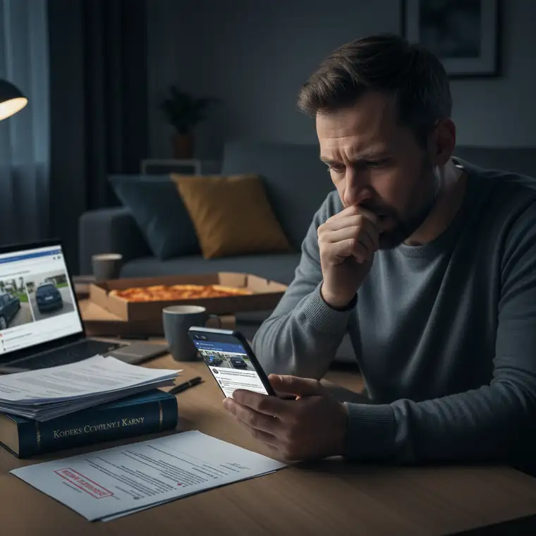 Prawnik analizujący wpis na Facebooku z zarzutami wobec sąsiada, symbolizujący pomówienie w internecie i naruszenie dóbr osobistych