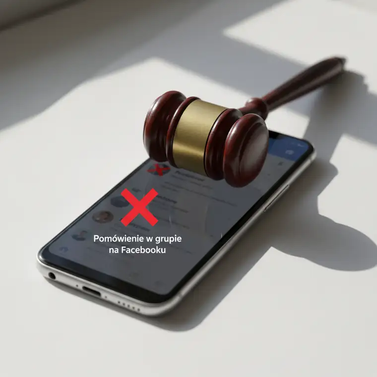 Osoba przeglądająca grupę na Facebooku z wpisem o sąsiedzie, ilustrująca problem pomówienie w grupie na Facebooku i konsekwencje prawne w sieci