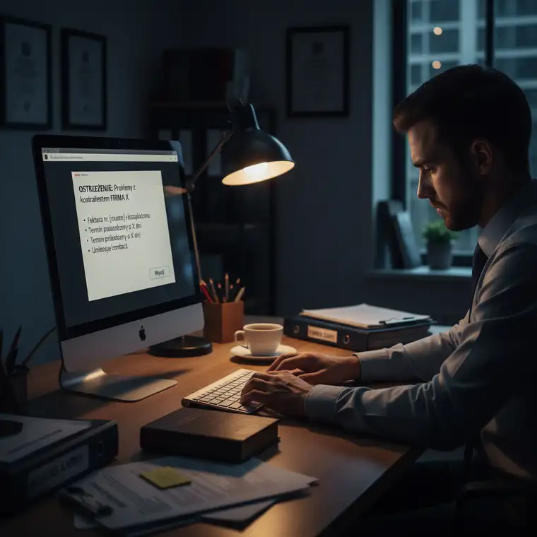 Prawnik analizuje na biurku dokumenty i treść e-maila o nieuczciwym kontrahencie, oceniając, czy wiadomość stanowi zniesławienie w świetle prawa