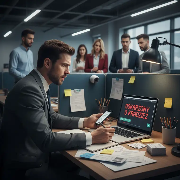 Prawnik analizuje dokumenty i dowody dotyczące fałszywego oskarżenia o kradzież w pracy, aby skutecznie bronić reputacji pracownika