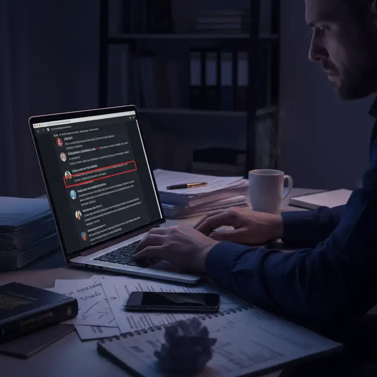 Prawnik analizujący dokumenty związane ze zniesławieniem w internecie i przygotowujący pozew o ochronę dóbr osobistych