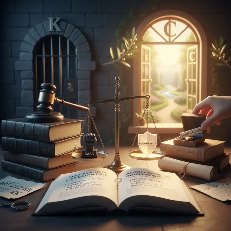 Grafika przedstawiająca wybór między sprawą karną o zniesławienie a pozwem o ochronę dóbr osobistych, z akcentem na reputację i zadośćuczynienie