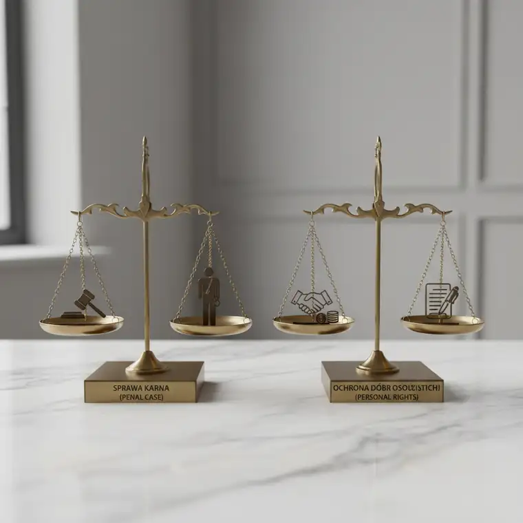 Ilustracja porównująca sprawę karną o zniesławienie i pozew o ochronę dóbr osobistych, pokazująca wybór strategii prawnej i skutki dla wizerunku