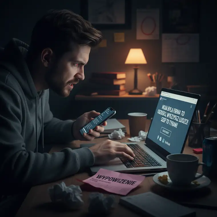 Prawnik omawia z byłym pracownikiem ryzyko zniesławienia pracodawcy po zwolnieniu oraz możliwe konsekwencje prawne wypowiedzi w sieci