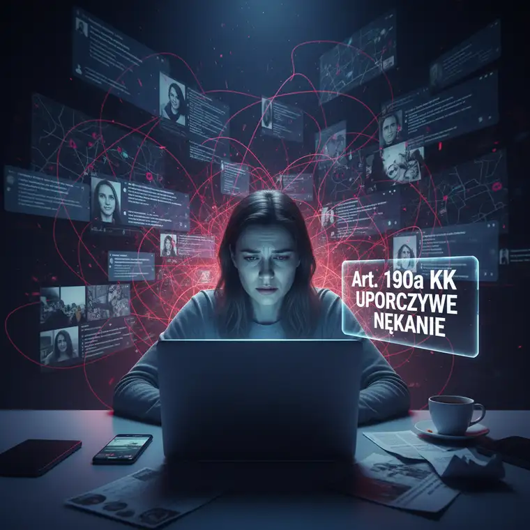 Młoda osoba patrząca na telefon zalany wiadomościami, ilustrująca uporczywy stalking internetowy według polskiego prawa w 2026 roku