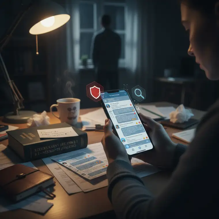 Kobieta w komisariacie policji przekazuje funkcjonariuszowi wydruki z Messengera jako dowody uporczywego nękania przez byłego partnera