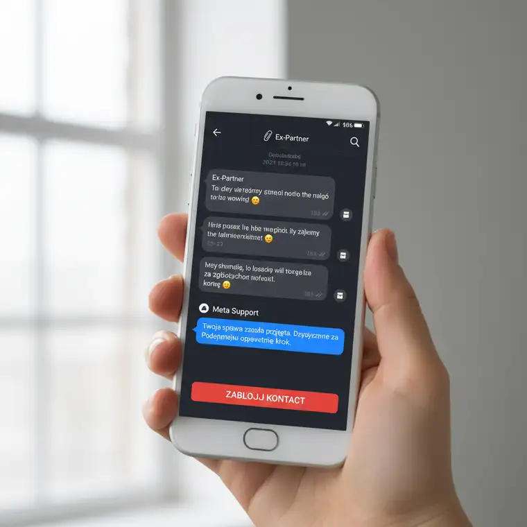 Osoba trzymająca telefon z otwartym Messengerem, analizująca wiadomości od byłego partnera i szukająca sposobu na zgłoszenie uporczywego nękania w internecie