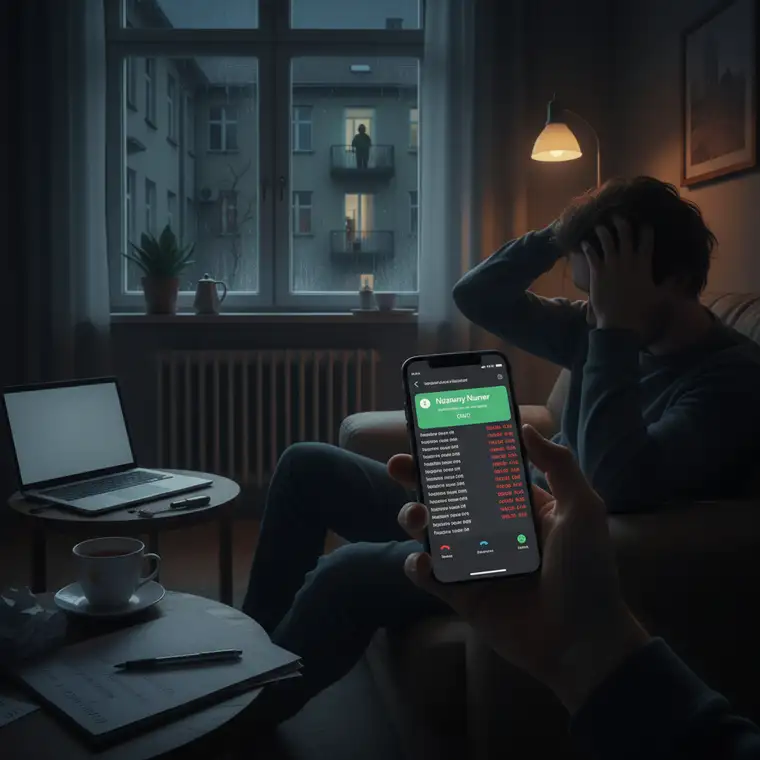 Mieszkaniec bloku rozmawia z policją o uporczywych głuchych telefonach od sąsiada, zastanawiając się nad zgłoszeniem stalkingu