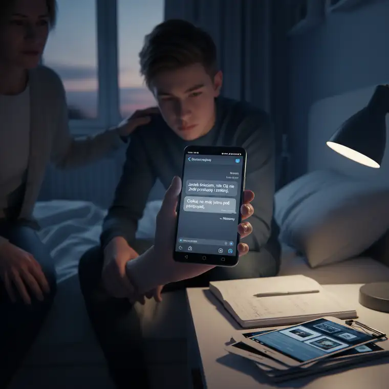 Psycholog szkolny analizuje notatki i telefon nastolatka, omawiając stalking SMS-owy wobec ucznia szkoły średniej