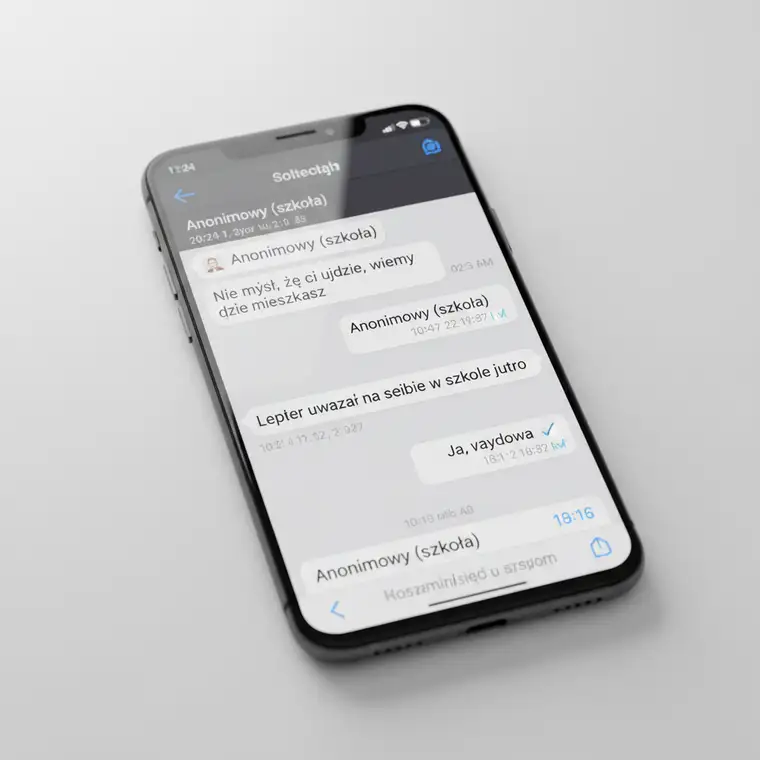 Rodzic i nastolatek przeglądają telefon, dokumentując stalking SMS-owy wobec nastolatka w szkole średniej jako dowód cyberprzemocy
