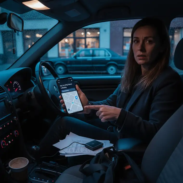 Samochód na parkingu, w tle ekran z mapą GPS symbolizujący śledzenie lokalizacji pojazdu w związku i możliwy stalking