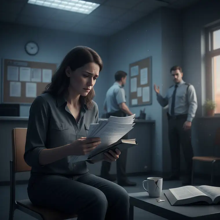 Osoba w biurze czytająca obraźliwe wiadomości na ekranie komputera, obrazująca uporczywe nękanie i stalking w środowisku pracy