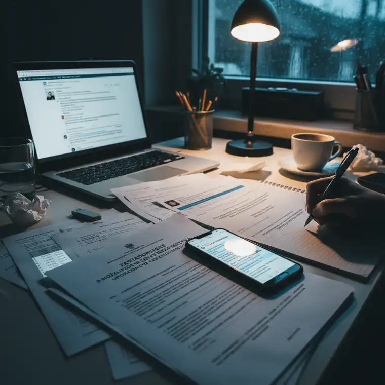 Notatki, dokumenty i dowody stalkingu ułożone przy komputerze podczas pisania zawiadomienia o przestępstwie uporczywego nękania