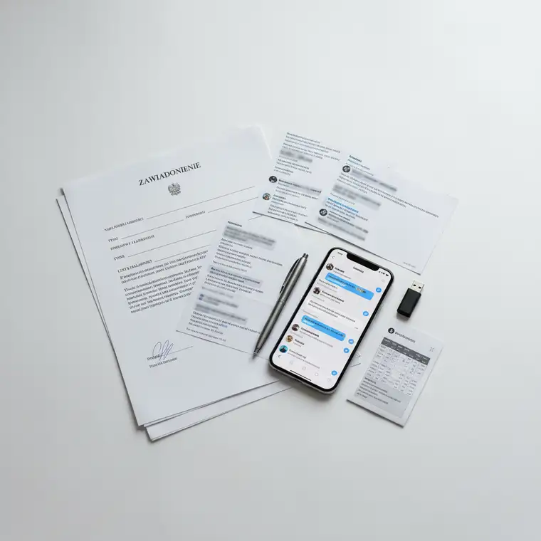 Kobieta przygotowuje zawiadomienie o stalkingu byłego partnera, porządkując dowody i wydruki wiadomości jako załączniki do pisma