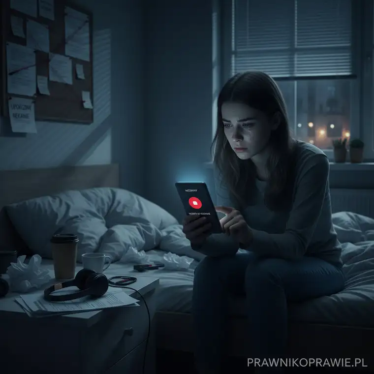 Policjant analizujący nagrania rozmów telefonicznych stalkera na ekranie komputera jako dowód w sprawie o nękanie