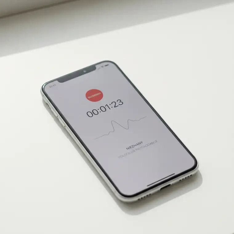 Ofiara stalkingu nagrywająca nękające rozmowy telefoniczne stalkera jako dowód, siedząca zestresowana z telefonem w dłoni