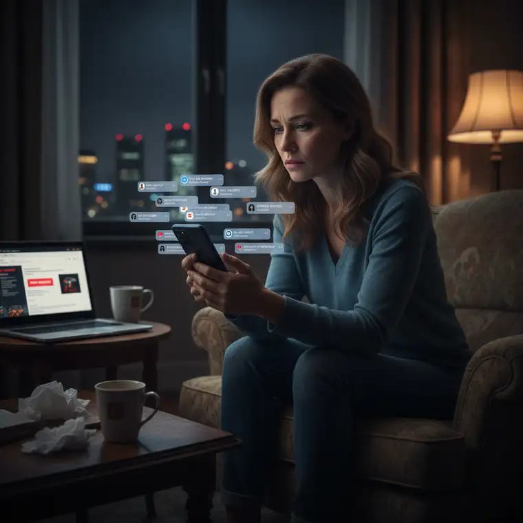 Zestresowany pracownik w biurze patrzy na ekran komputera z licznymi wiadomościami od przełożonego, ilustrujący nękanie i stalking w pracy