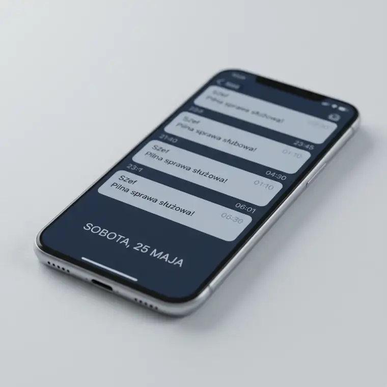 Pracownik w domu wieczorem przy laptopie, odbiera uporczywe maile szefa po godzinach pracy, sytuacja może stanowić stalking w miejscu pracy