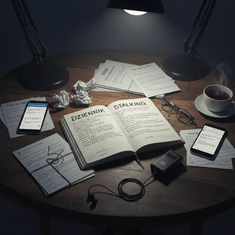 Rozprawa cywilna w sądzie rejonowym, sędzia rozpatruje wniosek o zakaz kontaktowania się z powodu uporczywego stalkingu ofiary