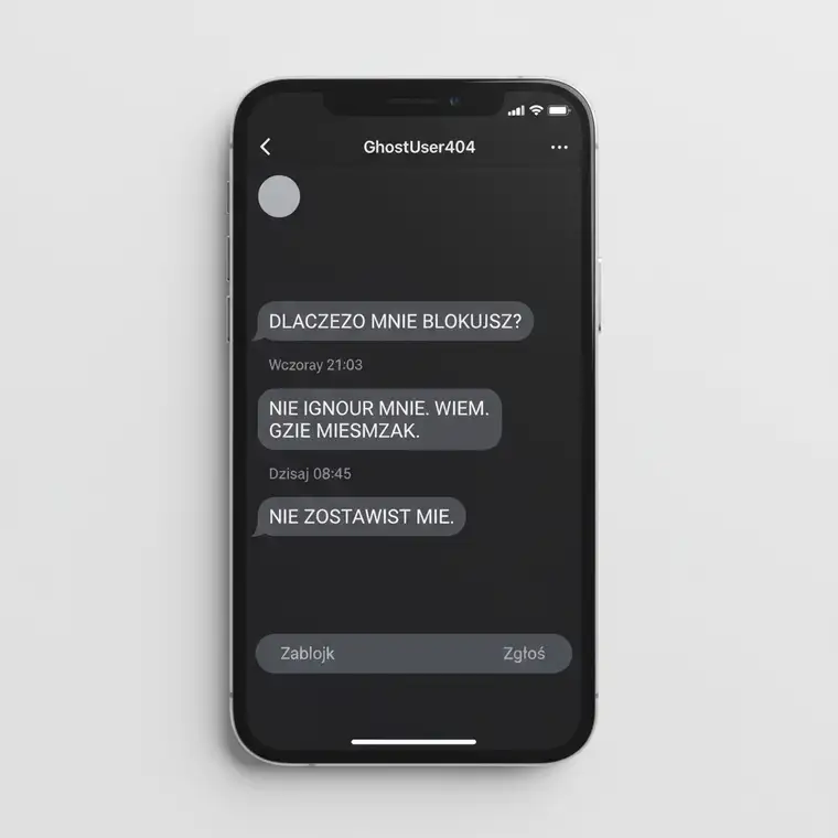 Osoba trzymająca telefon z wiadomościami z fałszywego konta na Instagramie, rozważająca zgłoszenie stalkingu i zebranie dowodów