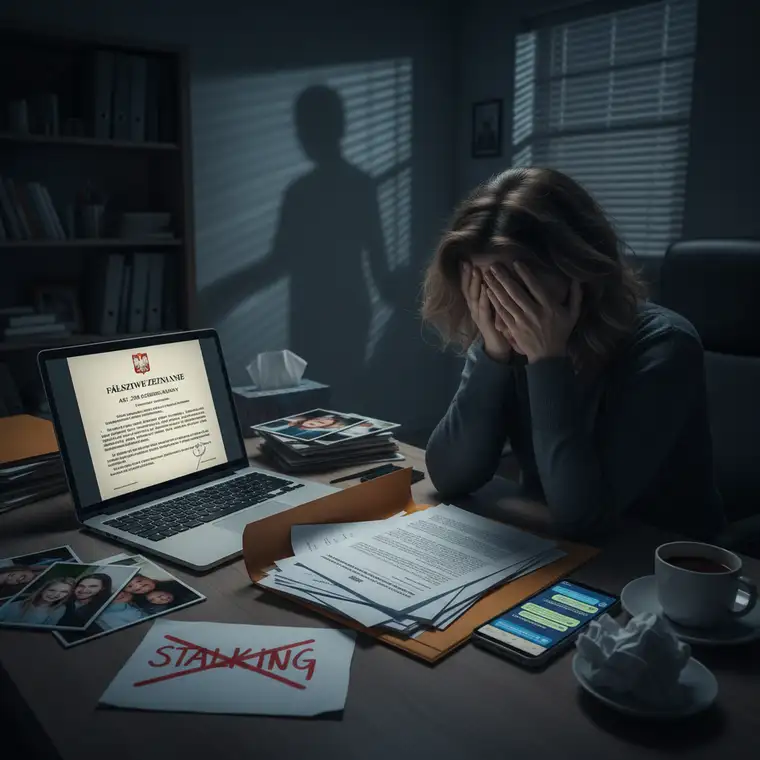 Prawnik wyjaśnia klientowi przy dokumentach, co grozi za fałszywe zgłoszenie stalkingu w sprawach rodzinnych