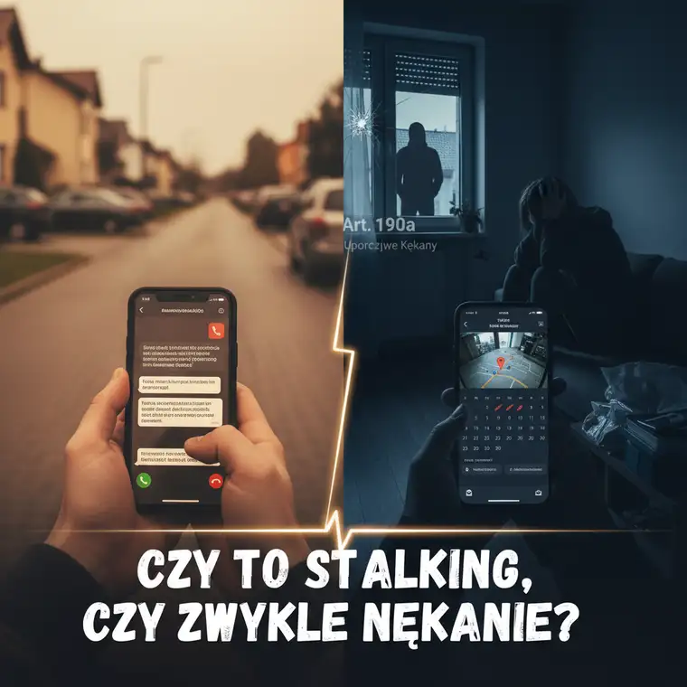 Kobieta siedząca w mieszkaniu z telefonem w ręku, zestresowana serią połączeń od sąsiada, pokazująca eskalację konfliktu aż do stalkingu