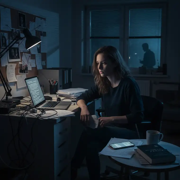 Kobieta rozmawiająca z prawnikiem o tym, dlaczego ofiary stalkingu zwlekają ze zgłoszeniem i jak polskie prawo to ocenia, z widocznymi dokumentami