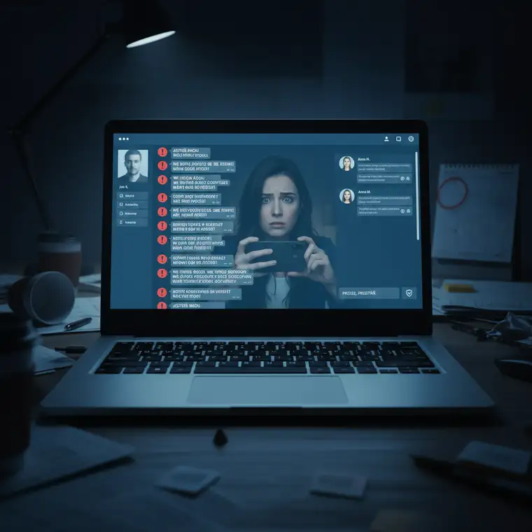 Zespół HR podczas spotkania analizuje dokumenty i komunikację firmową, planując reakcję na zgłoszony stalking w miejscu pracy