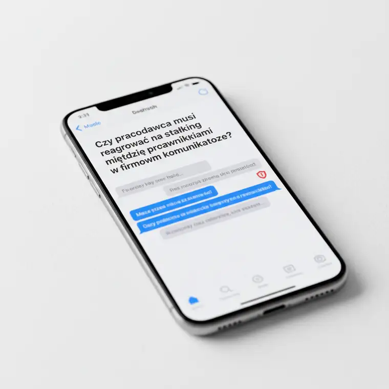Pracownik siedzi przy komputerze, patrząc z niepokojem na ekran z firmowym komunikatorem, co ilustruje problem stalkingu w miejscu pracy