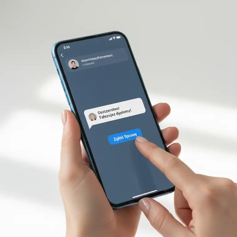 Ilustracja pokazująca użytkownika TikToka czytającego oszczerczy komentarz oraz elementy interfejsu aplikacji, podkreślająca problem oszczerstwo w komentarzu na TikToku w 2026 roku