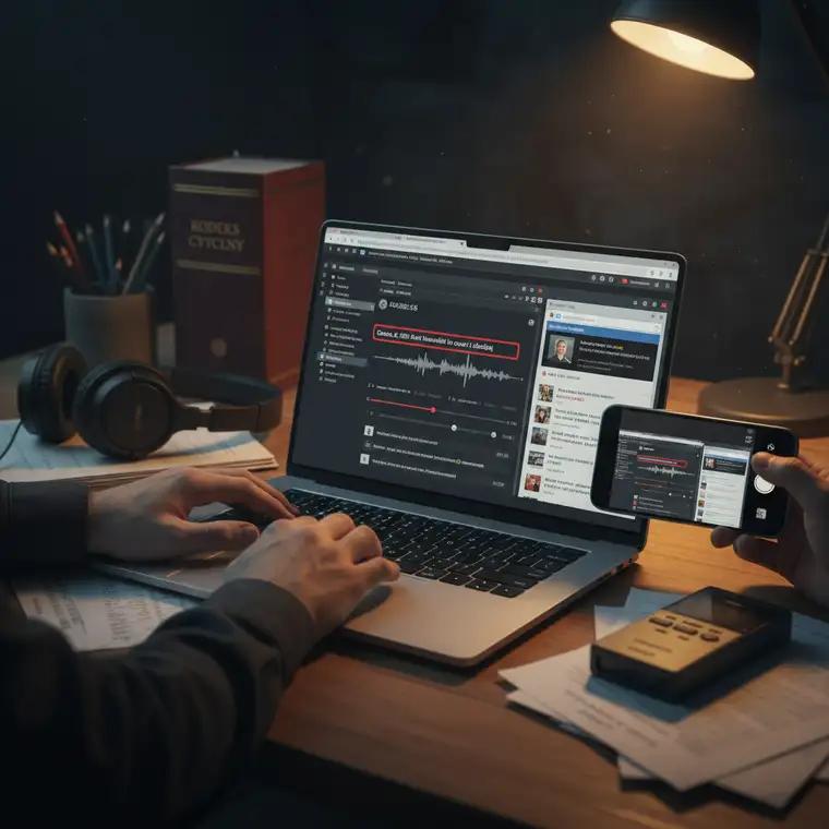 Prawnik analizuje transkrypcję podcastu i komentarze online, aby ocenić zasięg i skutki zniesławienia w nagraniu audio
