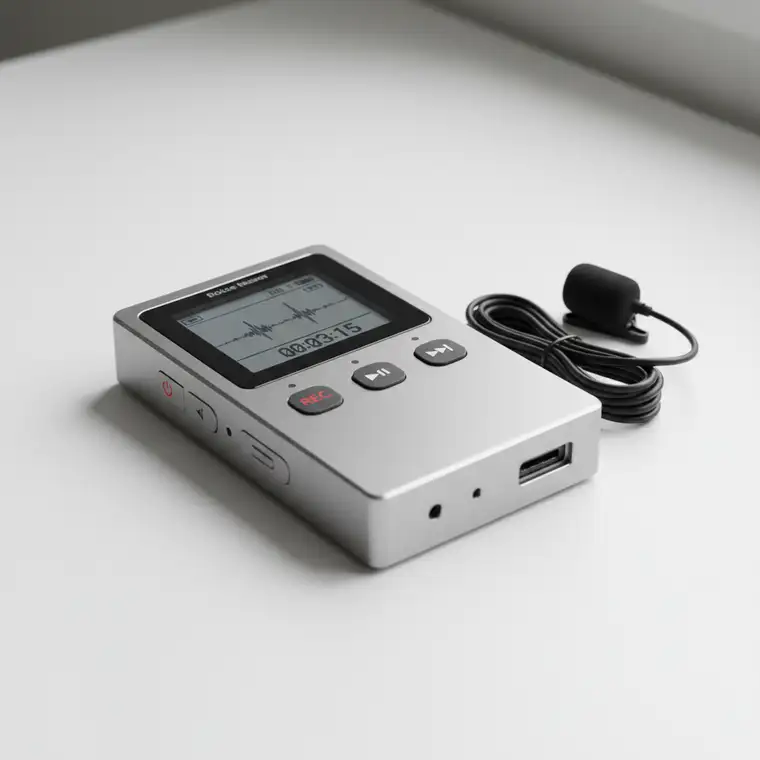 Osoba zabezpiecza nagranie podcastu jako dowód zniesławienia, używając komputera i telefonu, aby udowodnić zniesławienie w audio