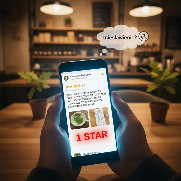 Prawnik omawia z właścicielem firmy kroki prawne dotyczące niesprawiedliwej opinii o firmie na Google Maps, analizując przepisy o zniesławieniu