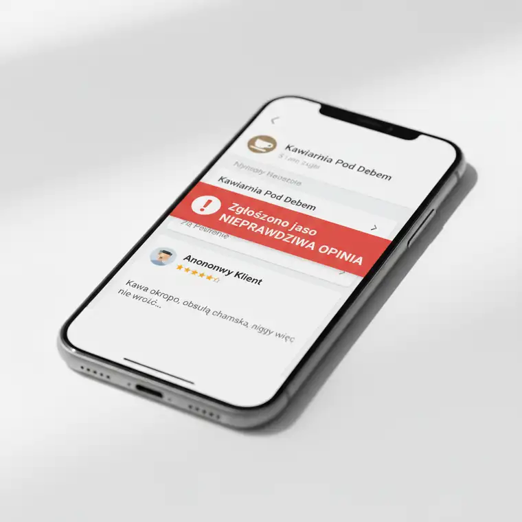 Właściciel firmy analizuje niesprawiedliwą opinię o firmie na Google Maps na ekranie laptopa, zastanawiając się, czy recenzja narusza jego dobre imię i stanowi zniesławienie