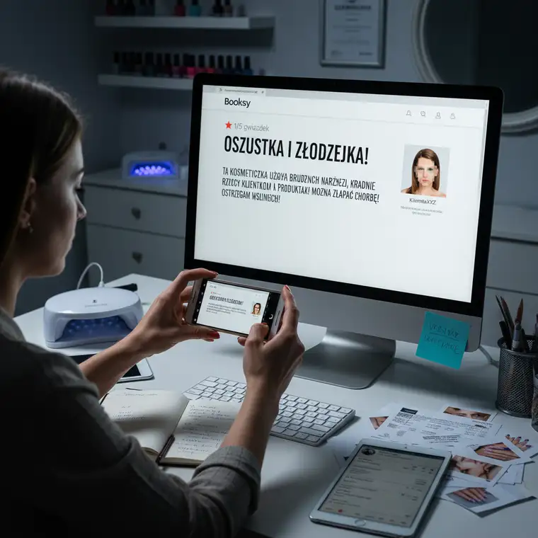 Prawnik omawiający z właścicielką salonu kosmetycznego dowody zniesławienia na Booksy i strategię ochrony dóbr osobistych