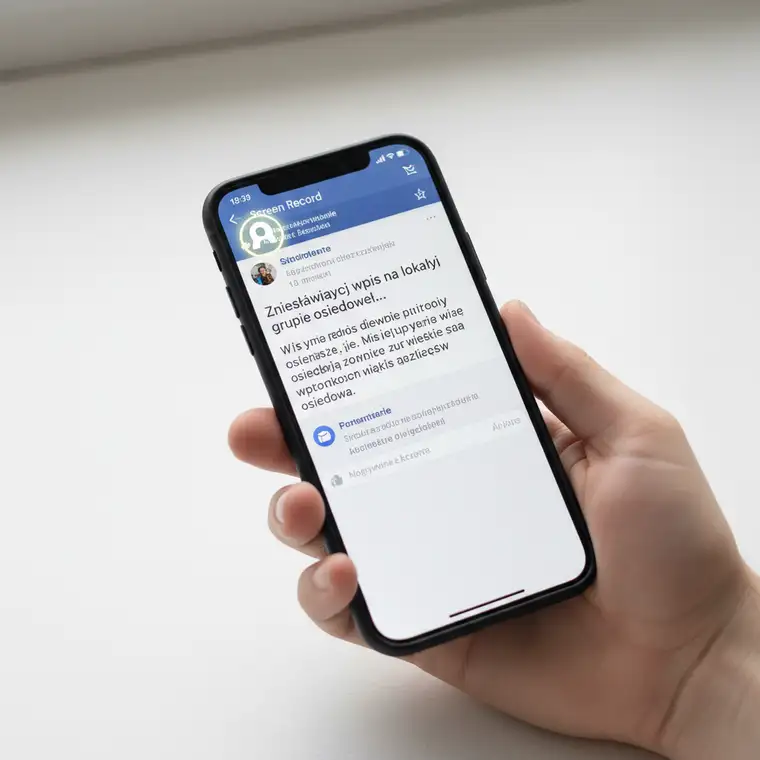 Osoba zabezpiecza dowody zniesławiającego wpisu z lokalnej grupy osiedlowej, korzystając ze smartfona i wykonując zrzuty ekranu oraz nagranie ekranu