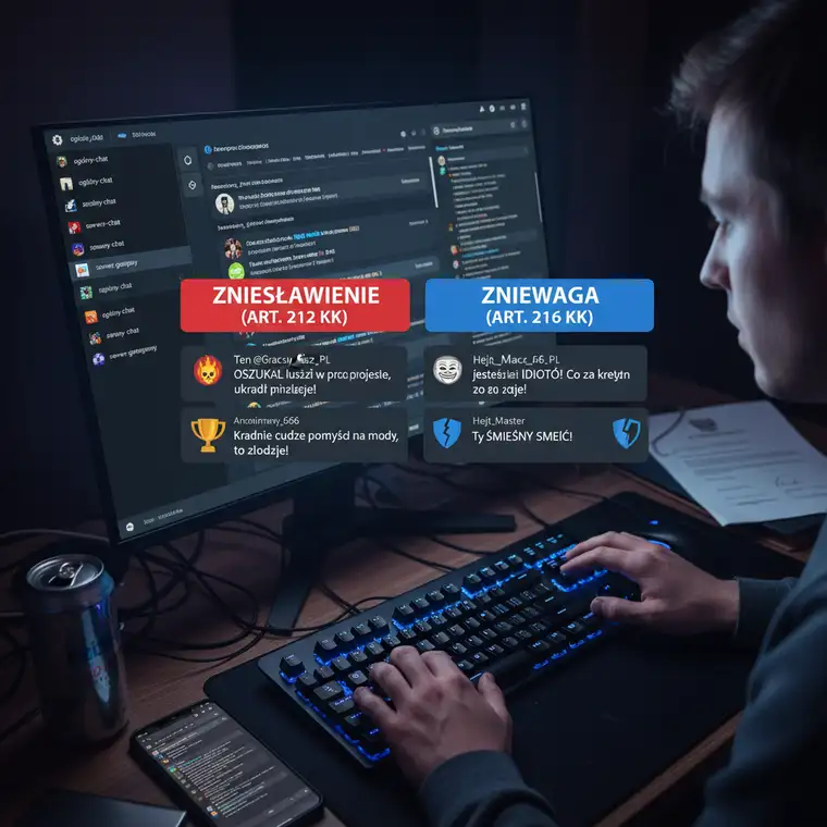 Grafika przedstawiająca różnicę między zniesławieniem a zniewagą w kontekście sporów na Discordzie