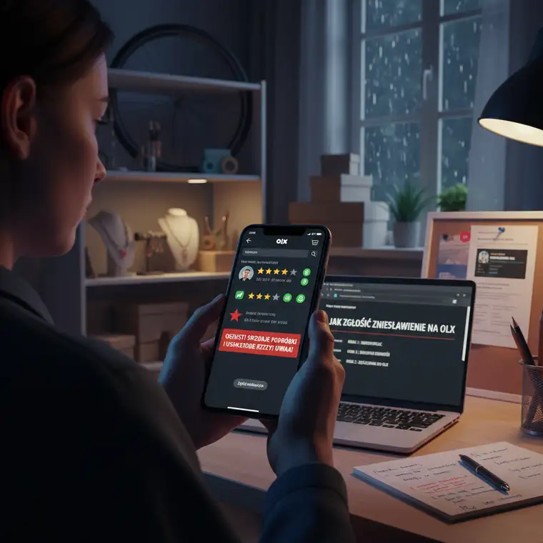 Prawnik analizujący dowody zniesławienia na OLX na ekranie komputera, przygotowuje kolejne kroki prawne dla sprzedającego