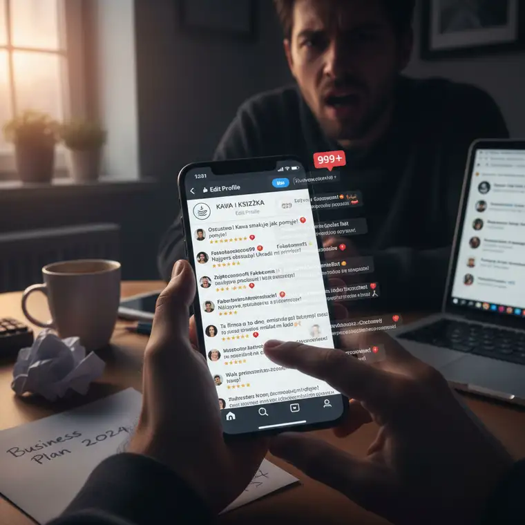 Zespół marketingowy i prawnik analizują na laptopach screeny, zgłoszenia i strategię odpowiedzi na fałszywe opinie na Instagramie