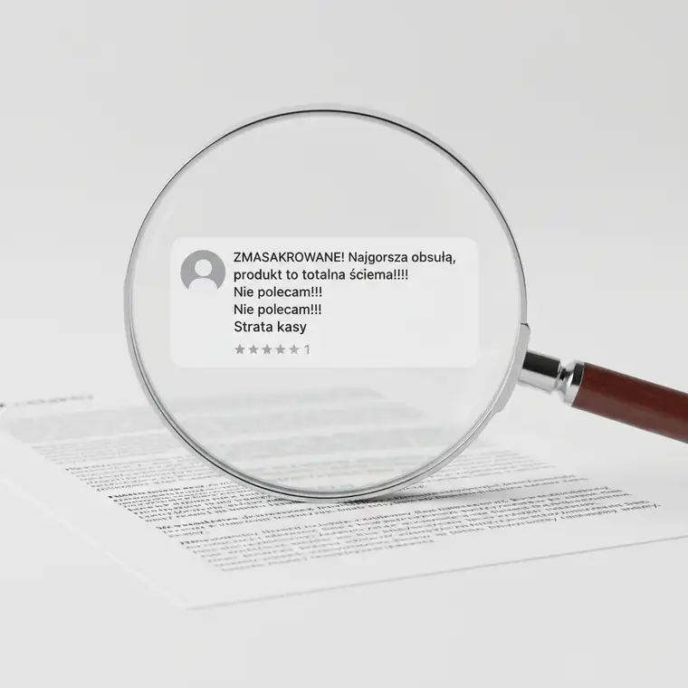 Przedsiębiorca analizuje na ekranie smartfona fałszywe opinie konkurencji i planuje działania kryzysowe na Instagramie